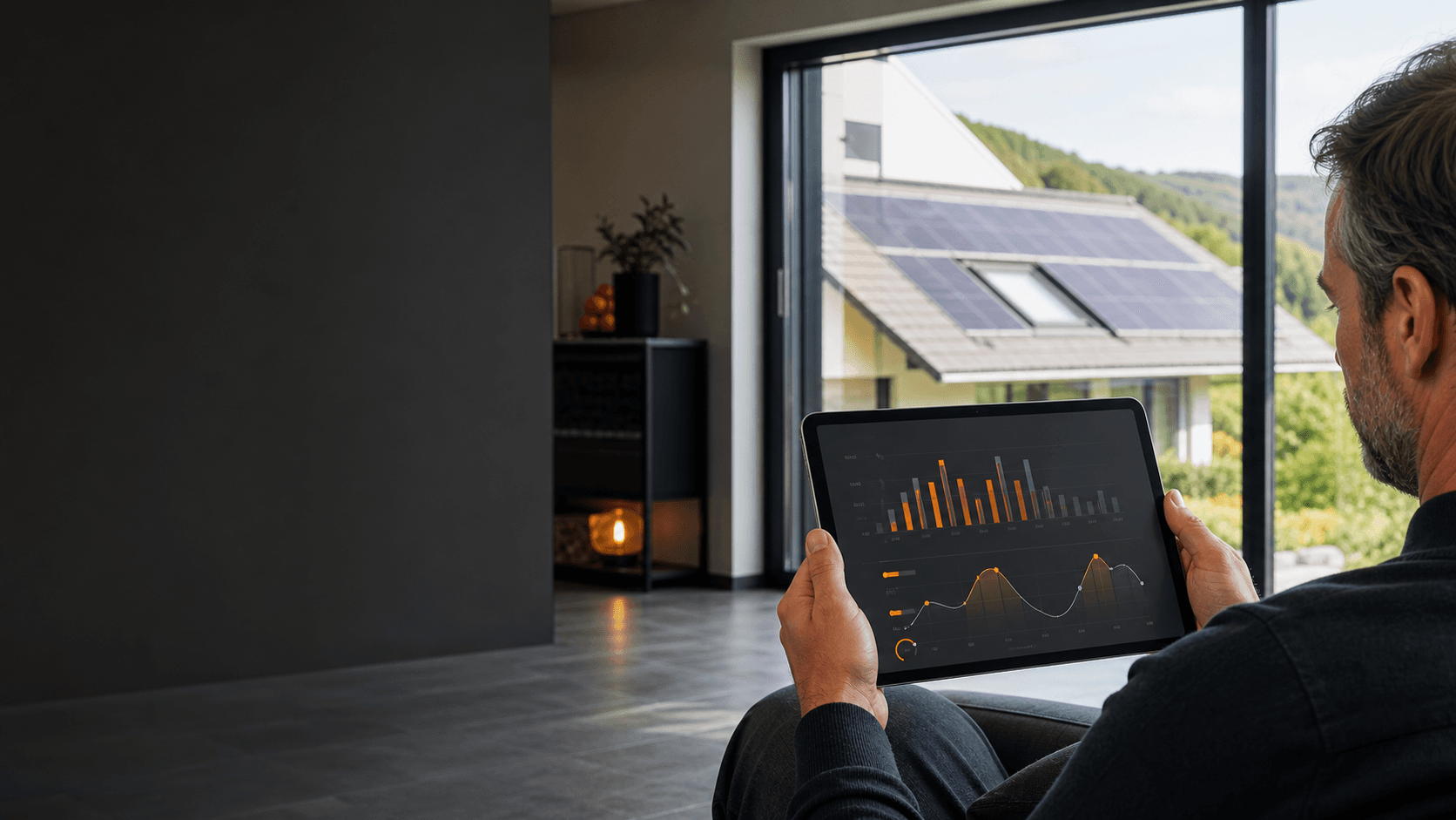 Hausbesitzer betrachtet Energieverbrauch und Strompreise auf einem Tablet